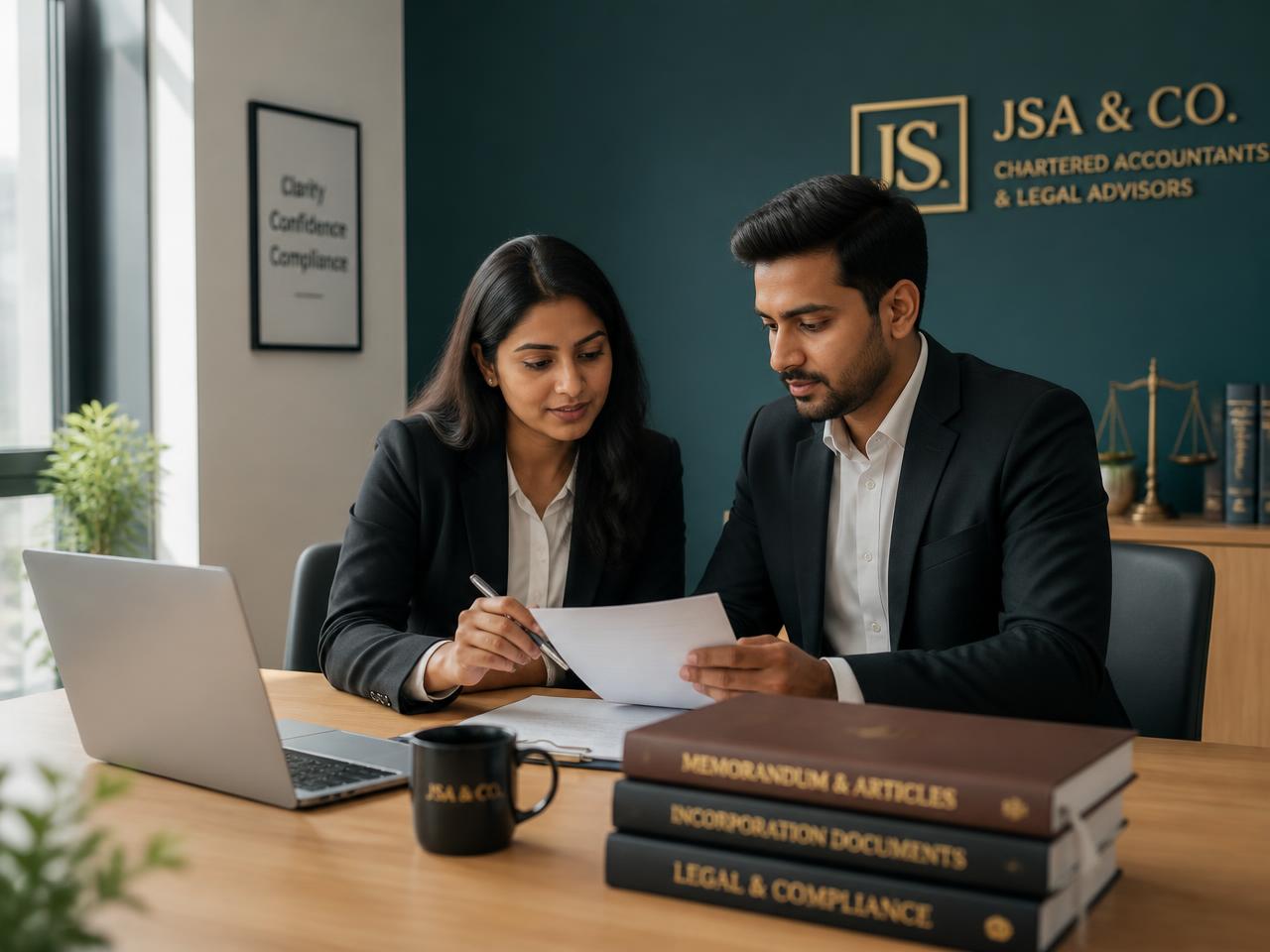 A chartered accountant and a lawyer reviewing incorporation documents together